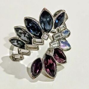 KIMBERLY Eggplant Purple, Dark Peacock Blue, Crystals Silver Sculpted Band Ring